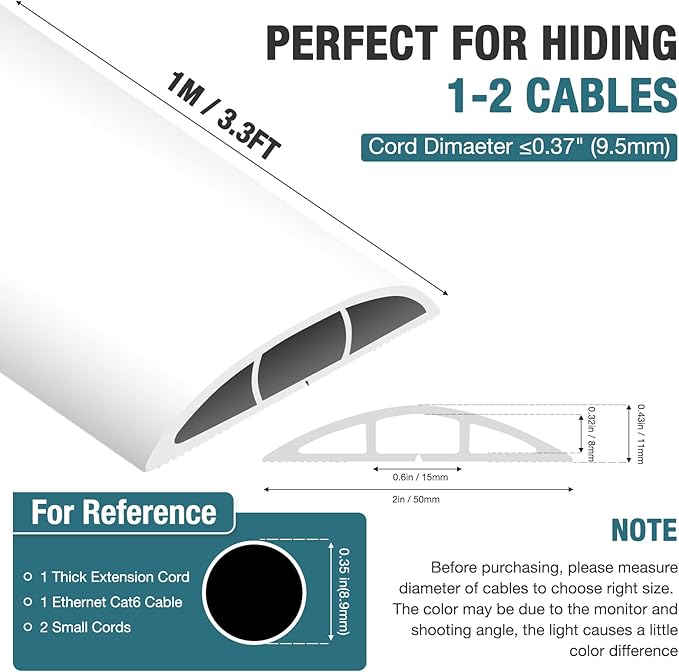 Floor Cord Cover, Cable Protector, 0.63W x 0.31H inches, Wire Cover for Extension Cords, Floor Cable Covers Prevent Cable Trips (White, 50-3 Feet)