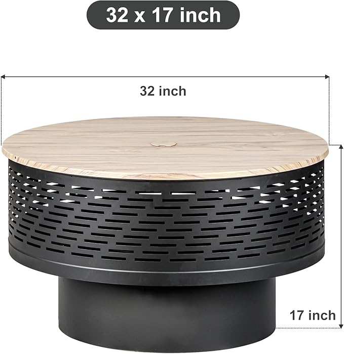 OutVue 32" Wood Burning Fire Pits with Grill & Lid, Fire Pit Table for Outside with Waterproof Cover & Fire Poker, Outdoor Firepit with Functions for BBQ,Table and Bonfire