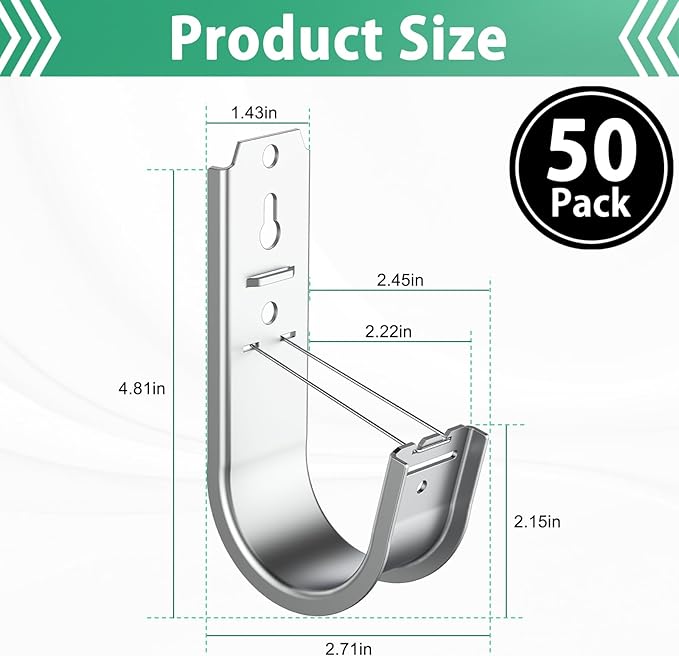 50 Pack 2 Inch J Hook Wall Mount J Hook with Retainer Clip