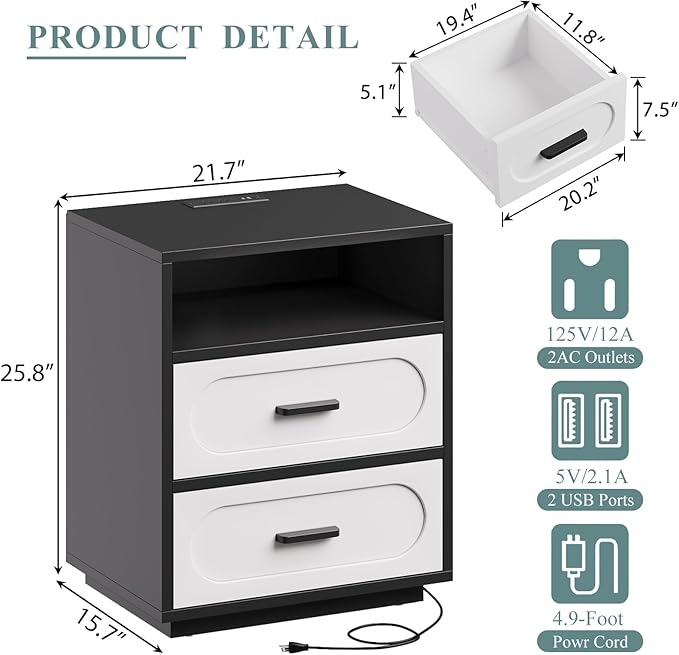 26" Tall Modern Nightstand with Charging Station, White End Table with 2 Drawers Storage, Space-Saving Wood Storage Cabinet with Unique Base Design, Bedside Table for Bedroom, Living Room