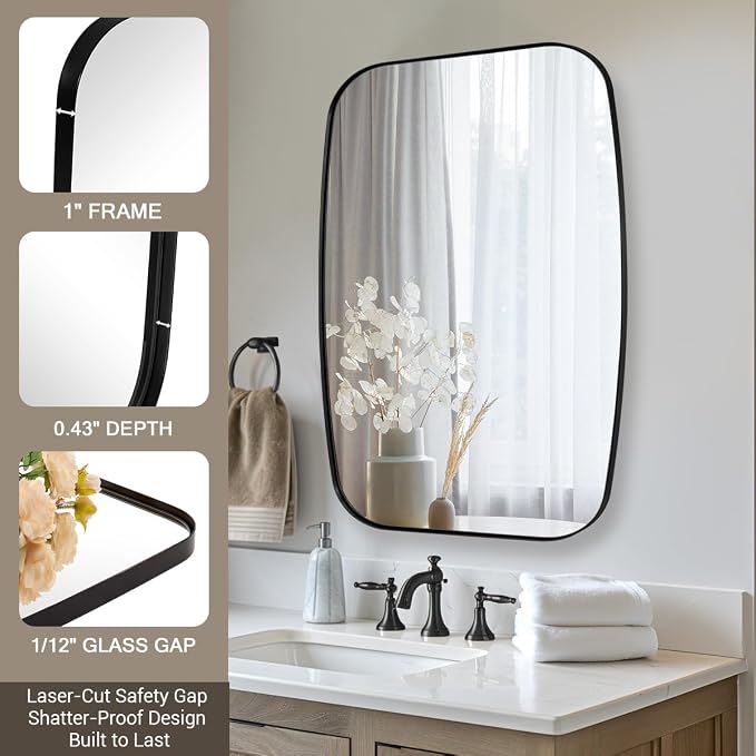 ANDY STAR 20x28 Black Bathroom Mirror, Oblong Vanity Mirror with Stainless Steel Metal Frame, Matte Black Mirror for Over Sink, Modern Anti Rust Wall Mounted