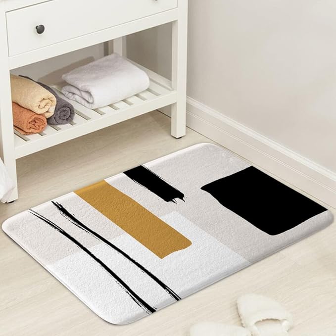 Abstract Modern Bath Mat for Bathroom, Geometric Minimalist Black and White Flannel Floor Rug, Non-Slip Shower Mat, Beige Yellow Tan Doormat, Accessories Decor 17x29inch