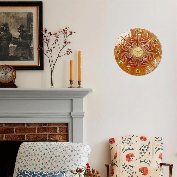 12 Inch Orange Sunburst Glass Wall Clock Silent Art Decor | Silent glossy clock with warm orange sunburst and gold numbers, accurately tracking time for your retro living room