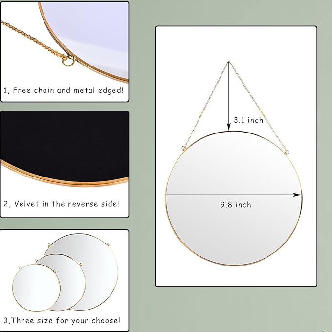LONGWIN Hanging Wall Circle Mirror Decor Gold Geometric Mirror with Chain for Bathroom Bedroom Living Room 9.8"
