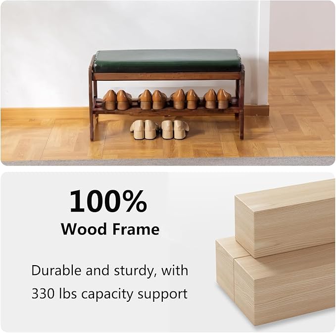 SOBIBO Solid Wood Shoe Bench, 2-Tier Wooden Entryway Bench, Modern Shoe Rack with Faux Leather Cushion for Hallway, Living Room (Green, 31.5'')