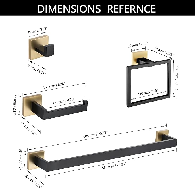 5 Pieces Bathroom Hardware Accessories Set Black and Gold Towel Bar Set,Wall Mounted Stainless Steel,23.6 Inch