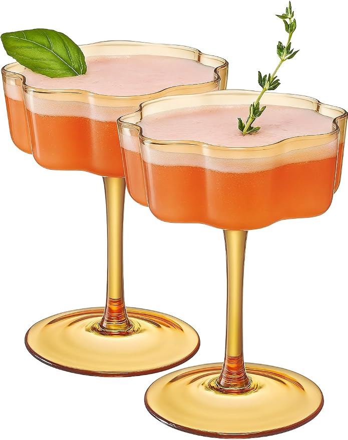 Flower Scalloped Vintage Wavy Petals Wave Glass Coupes 7oz Colorful Martini, Champagne & Cocktails, 2 Set Amber Rippled Champagne Glasses, Elegant Bar Glassware, Unique Aesthetic Coupe Glassware Gifts