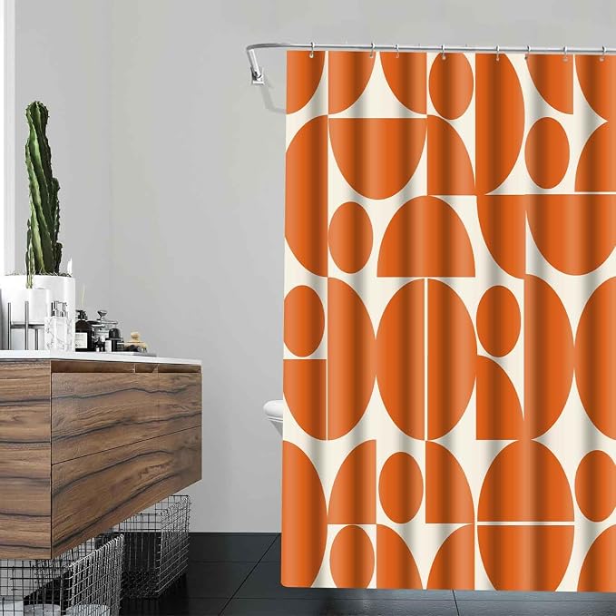 Vintage Orange Mid Century Modern Shower Curtain Boho Abstract Geometric Art Shower Curtains for Bathroom Decor 48x72 Inch 70s 80s Retro Washable Fabric Bathroom Set with 8 Hooks
