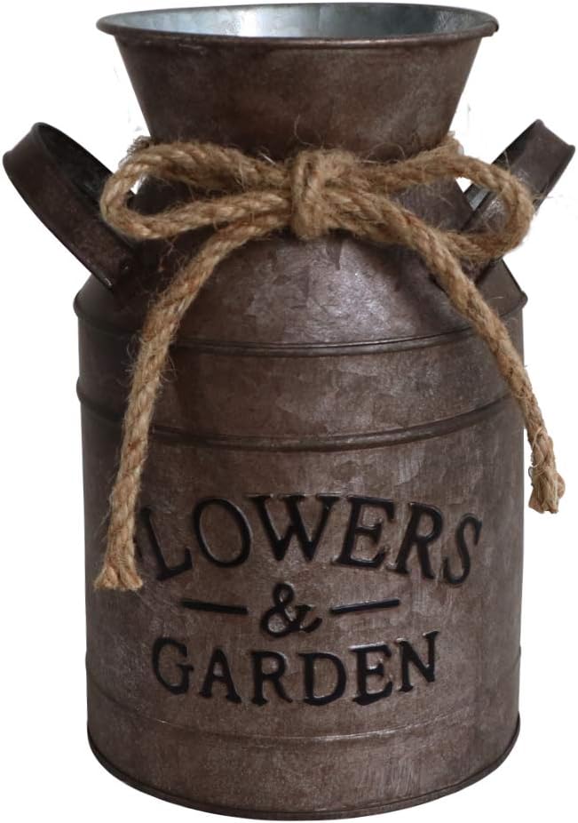 HyFanStr Shabby Chic Metal Flower Vase Rust Painted Decor Milk Can Bucket Country Primitive Jug Farmhouse Decoration Large