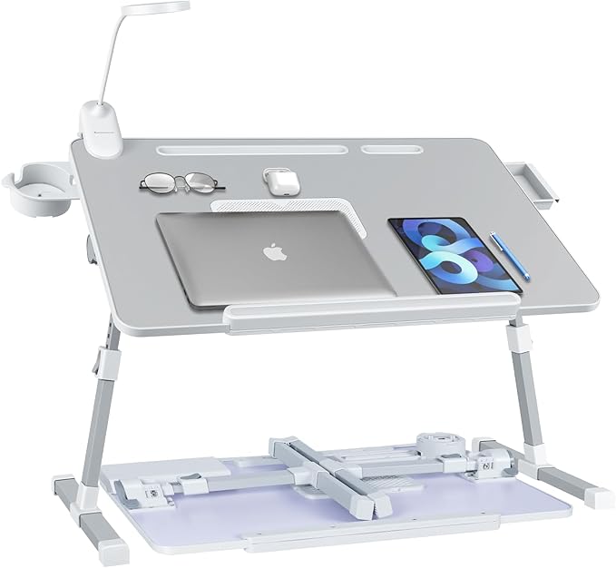 iXTRA Laptop Lap Desk with Cooling Fan - Adjustable Bed Desk with Light, Bed Table with Cup Holder&Phone Holder - Storage Drawer Desk - Folding Bed Desk,Grey,70x45cm
