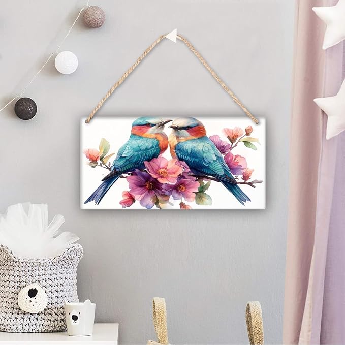 Colorful Avian & Floral Wooden Sign, 12x6 Inch Artistic Wood Decors for Bird Admirers & Whimsical Home Fans, Ideal for Living Room Focal Points & Nature-Inspired Design