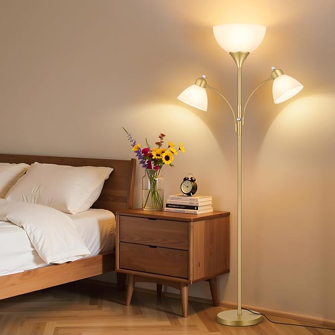 Coucrek Floor Lamp for Living Room,72" Dimmable Torchiere Lamp with 2 Reading Lights for Bedroom, Gold Tall Standing Room Lamp, 3 Bulbs Included