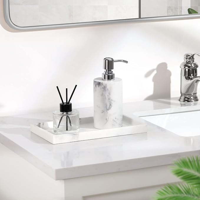 Luxspire Soap Dispenser, Cylinder-Shaped Marble Lotion Liquid Soap Pump Bottles, Refillable Shampoo Container, Decorative Hand Soap Resin Jar for Bathroom, Kitchen - White Marble