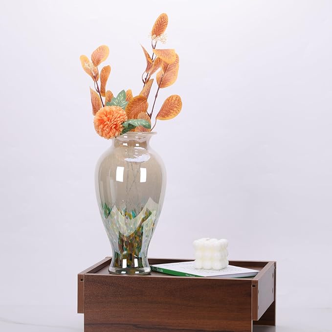 11.8" Tall Green Glass Vase Beautiful Hand Blown Glass Vase Modern Art Home Decor, Wide Mouth Colorful Vases for Mantle Dining Table Centerpiece, Entryway Living Room Wedding Decoration