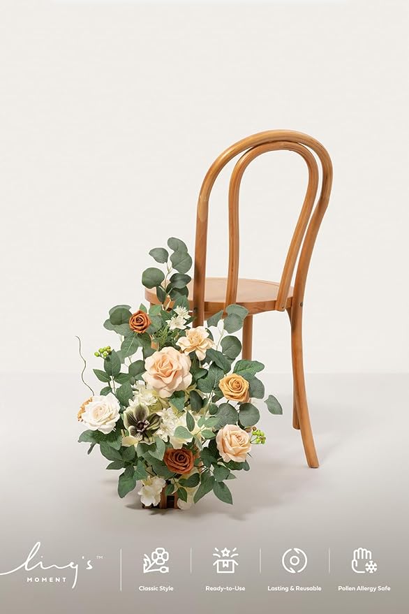Ling's moment 17.5" Tall Standing Artificial Flowers Arrangements 2 pcs Wedding Aisle Runner Chair Decorations Apricot & Soft Peach Centerpieces for Ceremony Reception Rose Floral Party Outdoor