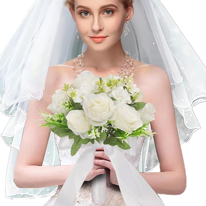 CYANLUX Wedding Bouquets for Bride Bridesmaid Bouquet Champagne White Artificial Roses Flowers for Wedding Valentine's Day Church Home Decoration (White)…
