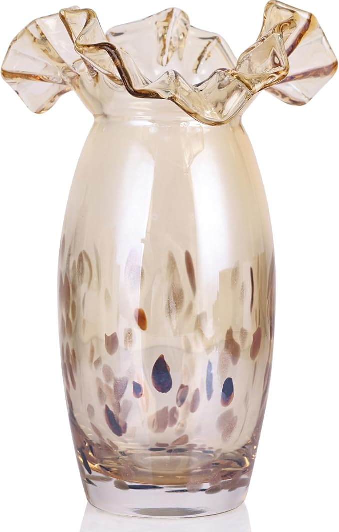 Hand Blown Amber Glass vase, Unique Glass Wide Mouth vase for Console Office TV Stand Coffee Table entryway Entrance Desktop Living Room Dining Table Centerpiece.