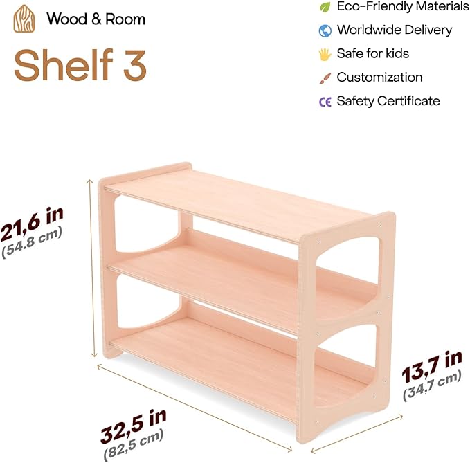 WOOD&ROOM Montessori Bookshelf for Toddlers - Wooden Book and Toy Shelf Organizer - Kids Bookshelf for Nursery, Classroom and Playroom - Front Facing Floor Bookcase for Kids, Childrens Room Storage