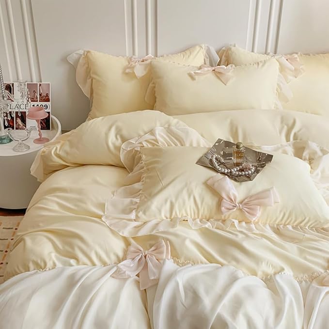 Chic Lace Bedding,Girls Twin Aesthetic Comforter Cover Set,Romantic French Princess Style Ruffled Duvet Cover with Lovely Bow with Zipper Closure-Yellow,Twin Size