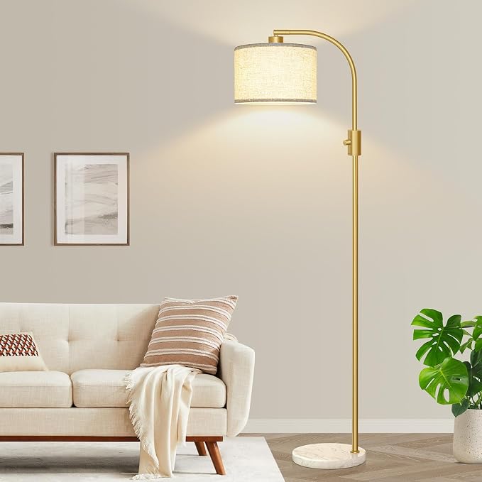 Nintiue Upgraded Modern Arc Dimmable Tall Standing Floor Lamp with Marble Base & Linen Shade, 1200 Lumens LED Bulb Included, for Living & Reading Room, Bedroom, Office & Nursery, Gold