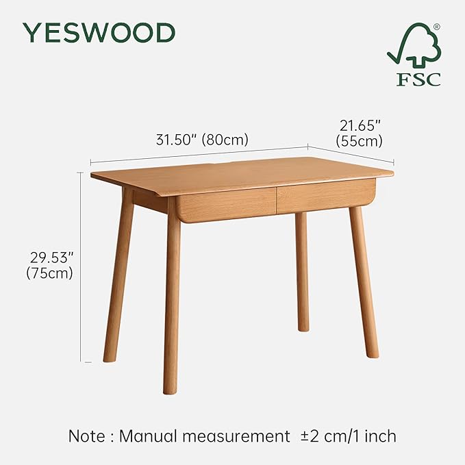 YESWOOD Solid Wood Desk, Mid Century Modern Computer Desk, Office Desk with Drawers for Home Office Study Vanity 31.49" W