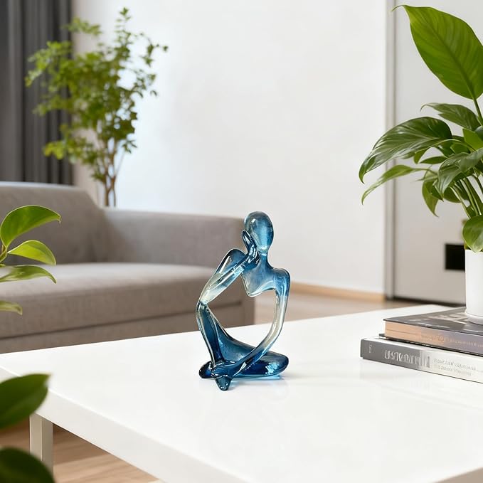 Dnoifne Abstract Gradient Blue Resin Thinker Statue, Modern Translucent Sculpture Ornament, Artistic Desk & Shelf Decor, Perfect Housewarming Gift for Living Room and Office