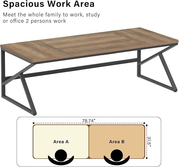 HSH Extra Large Home Office Desk, Rustic Wood and Metal Computer Desk for 2 People, 78 Inch Long Executive Writing Study Gaming Double Desk Workstation, Bedroom Living Room PC Table for 2 Monitors