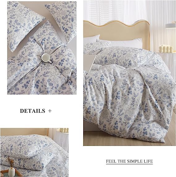 LifeTB Boho Floral Duvet Cover Twin Soft Cotton Blue Floral Bedding Sets Vintage Style Chic Flower Botanical Aesthetic Floral Comforter with Zipper Closure Twin(68''x86'')