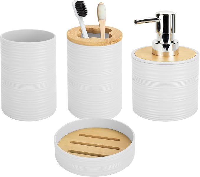 4 PCS White Bathroom Accessories Set, Includes a Soap Dispenser, Toothbrush Holder, Soap Dish and Mouthwash Cup, Plastics & Bamboo Bathroom Set, Bohemian Style Bathroom Sink Set