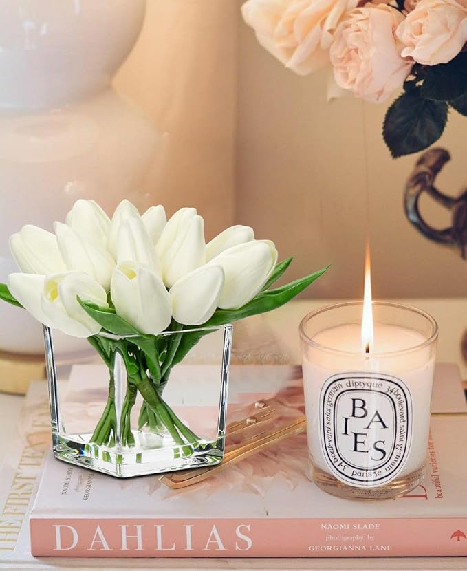 DILATATA Artificial White Tulips in Vase with Faux Water 5.5" Real Touch Flowers Fake Tulips Small Flowers Arrangement in Cube Glass Vase for Mother's Day Table Centerpiece Wedding Home Decor