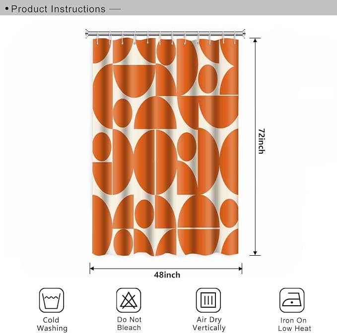 Vintage Orange Mid Century Modern Shower Curtain Boho Abstract Geometric Art Shower Curtains for Bathroom Decor 48x72 Inch 70s 80s Retro Washable Fabric Bathroom Set with 8 Hooks
