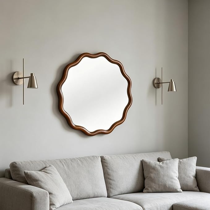 24" Wavy Edge Round Mirror, Solid Wood Framed Wall Decor with Clear Reflection for Bathroom, Bedroom, Living Room & Entryway (Dark Walnut)