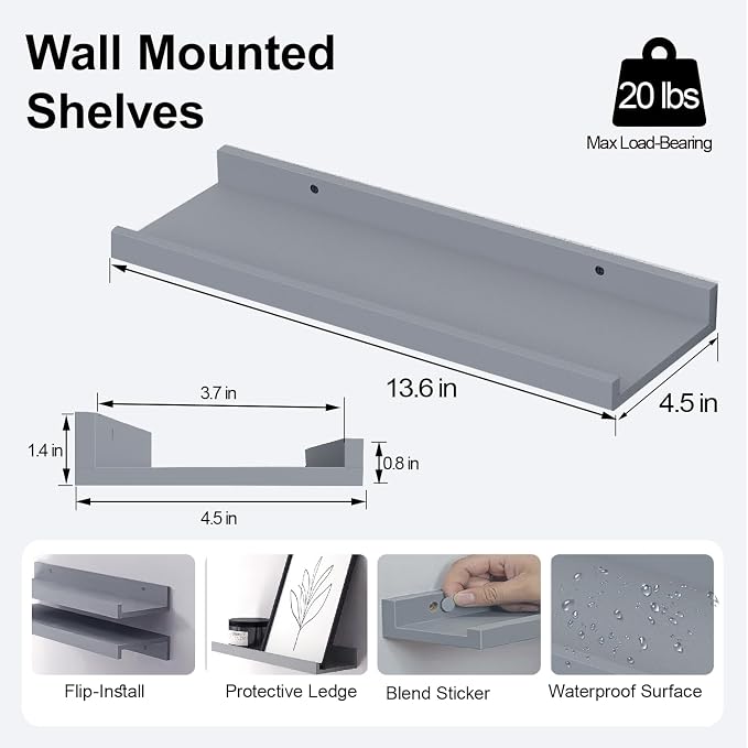 Floating Shelves for Wall Decor, Wall Mounted Wood Storage Shelf for Bedroom, Living Room, Bathroom, Kitchen, Nursery, Display Picture Ledge Shelf with Lip Set of 2-14 Inches, Grey