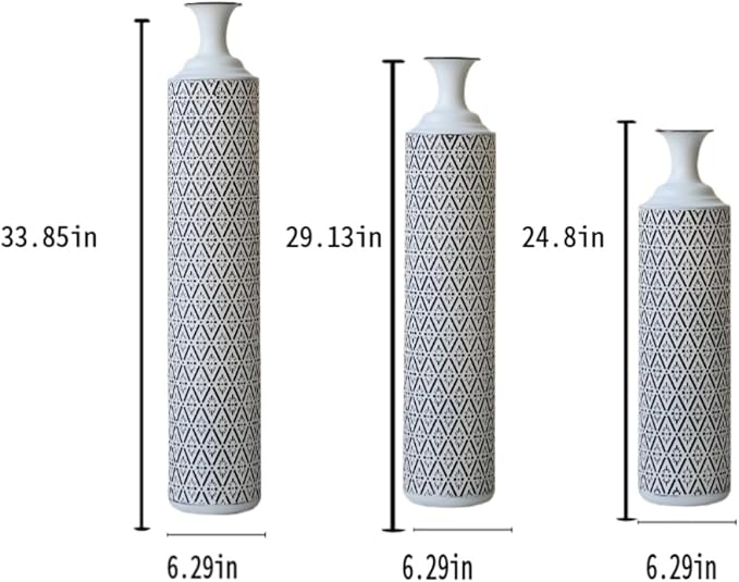 Metal Floor Vases Decorative, Set of 3 Flower Arrangement Stand, Tall White＆Black Metal Floor Vases for Living Room, Bedroom & Entryway, 33.85", 29.13", 24.8" H (White＆Black)