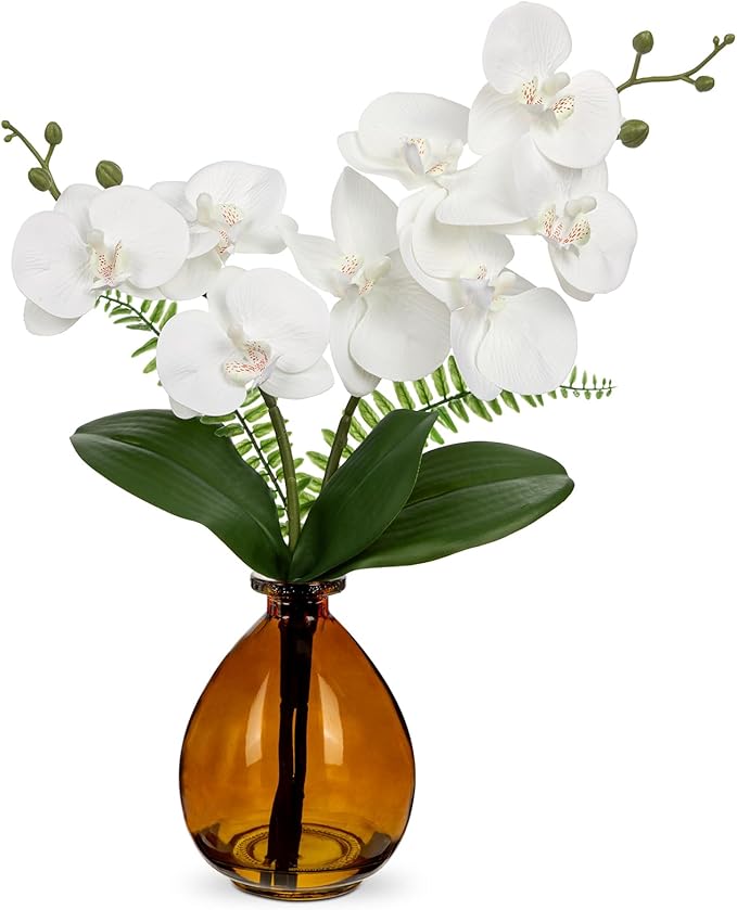 Oairse White Orchids Artificial Flowers, Faux Orchid in Glass Vase Real Touch Small Phalaenopsis Orchid Flowers Arrangements with Amber Vase Orchids Centerpiece for Dining Room Table