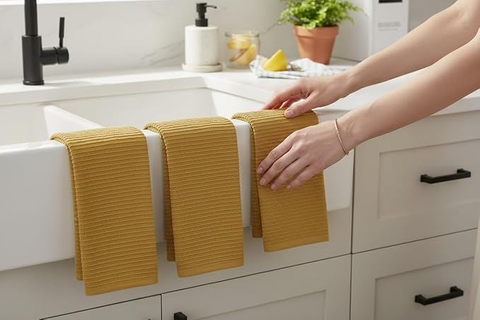 Serafina Home Mustard Yellow Ribbed Kitchen Dish Towels: 100% Cotton Cloth Soft Cleaning Drying Absorbent Terry Loop, Set of 3 Multipurpose for Everyday Use