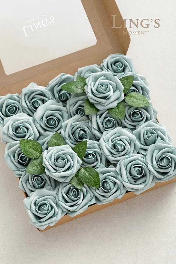 Ling's moment Artificial Flowers 50Pcs Dusty Blue Roses Decor w/Stems,3" Real Touch DIY Foam Floral for Wedding Bouquet/Centerpieces, Outdoors Party Backdrop, Room/Table, and Garden/Pot Decorations