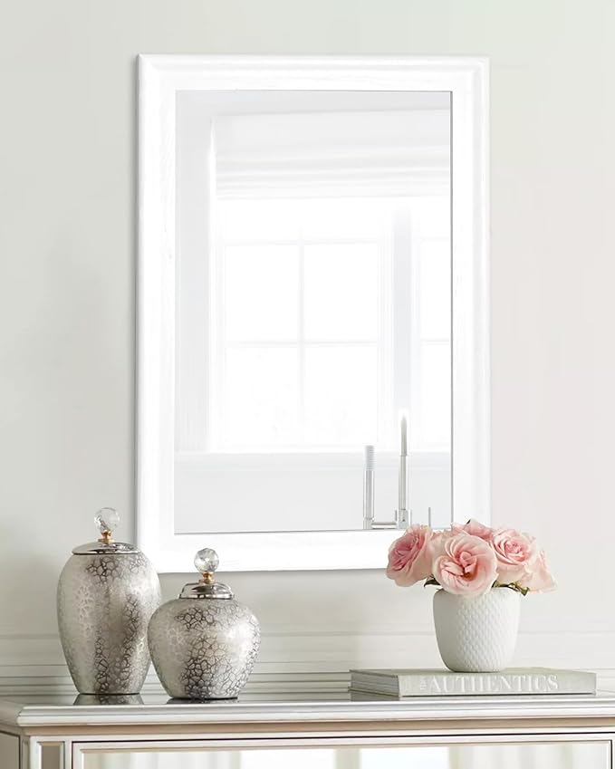 CULER White Wood Wall Mirror for Bathroom,Rectangle 20 x 30 inch Hanging Vanity Mirrors with Wooden Frame for Living Room,Bedroom,Entryway