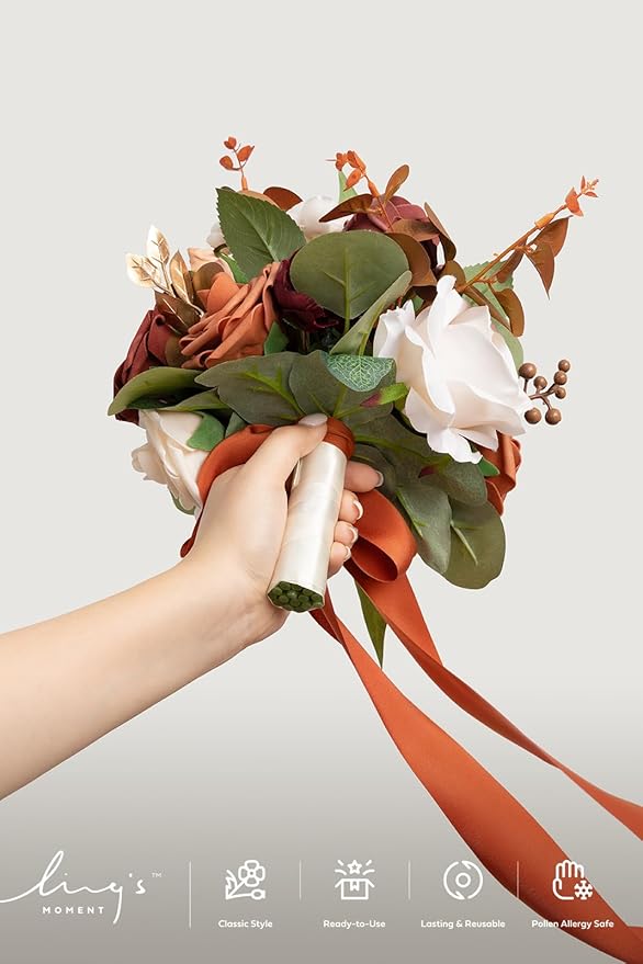 Ling's moment Terracotta Bridesmaid Bouquet, Burnt Orange Wedding Bouquets for Bridesmaids, 7 Inch Bridal Bouquets for Bridesmaids, Wedding Decor, Ceremony, Anniversary, Homecoming, etc.