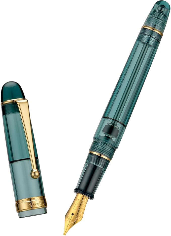 Asvine V126 Vacuum Filling Fountain Pen, Transparent Teal Acrylic Stub Nib 1.1mm Calligraphy Art Drawing with Case Set