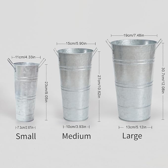 Notakia 10.62 Inch Galvanized Metal Vases Farmhouse French Flower Bucket Vases for Cut Flowers for Home Decor and Wedding Table Centerpiece Decorations (Medium Silver 4Pcs)