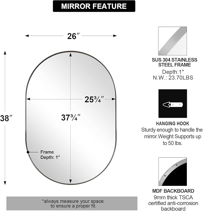 ANDY STAR Chrome Oval Mirror 26x38’’ Pill-Shaped Mirror Chrome Metal Framed for Bathroom Vanity in 1 Inch Stainless Steel Meatl Frame Anti-Rust Wall-Mounted Vertically/Horizontally