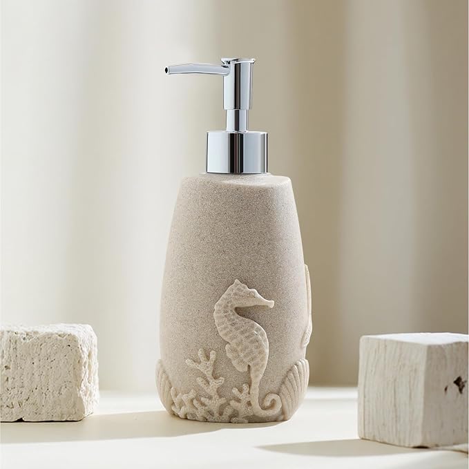 Soap Dispensers 350mL 11OZ, 2 PCS Luxurious Ocean Hand Dish Lotion Shampoo Soap Dispenser Jar, Sea Shell Soap Pump Bottles for Kitchen Bathroom Countertop Beige