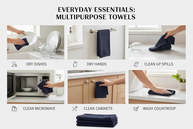 Serafina Home Navy Blue Kitchen Dish Towels: 100% Cotton Cloth Soft Cleaning Drying Absorbent Textured Terry Loop, Set of 3 Multipurpose for Everyday Use Brand