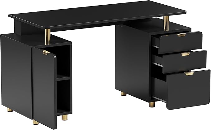 Elegant 56.75" W Executive Desk with 3 Drawers and Storage Cabinet, Modern Office Desk with Gold Accents, Floating Work Surface, Closed Storage with Ventilation & Adjustable Shelf (Black,Gold)