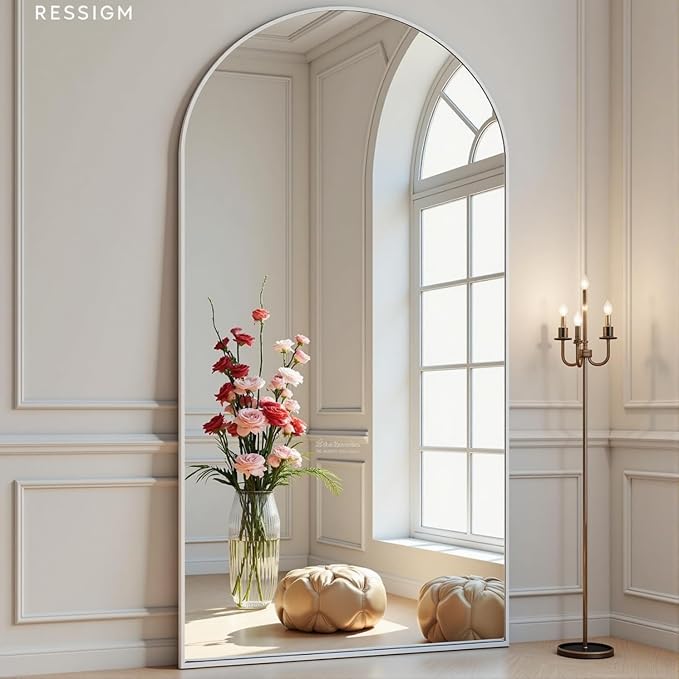 Dewfig Arched White Full Length Mirror,76"X34" Large Floor Mirror, Full Body Mirrors for Leaning or Hanging, Standing Mirrors for Bedroom, Living Room,Dressing Room, Aluminum Alloy Frame, White