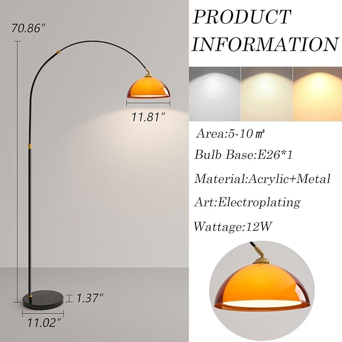MIXL-Dome Shade Black Arc Floor Lamp,Adjustable Height & Shade Reading Floor Lamps,Dimmable Office Light Fixture,Mid Century Modern Standing Light for Living Room Bedroom