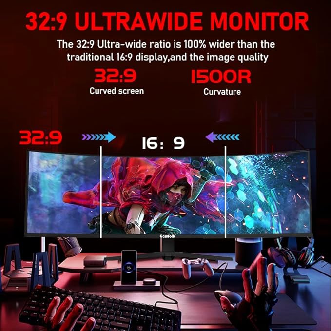 Gawfolk 49 Inch Curved Gaming Monitor, 5120x1440 Dual QHD, 120Hz, 1500R, AMD FreeSync, 32:9, Height Adjustable Ultra-Wide Computer Screen for Multitasking