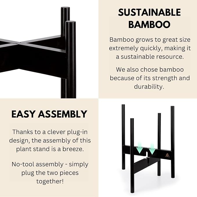 Fox & Fern Bamboo Plant Stand — 14.9 Inch Fixed Size Wooden Mid Century Planter Stand for Indoor Planters (Not Included); Extra Large Flower Pot Holder for Indoor Big Pots; Plug In Design; Dark Bamboo