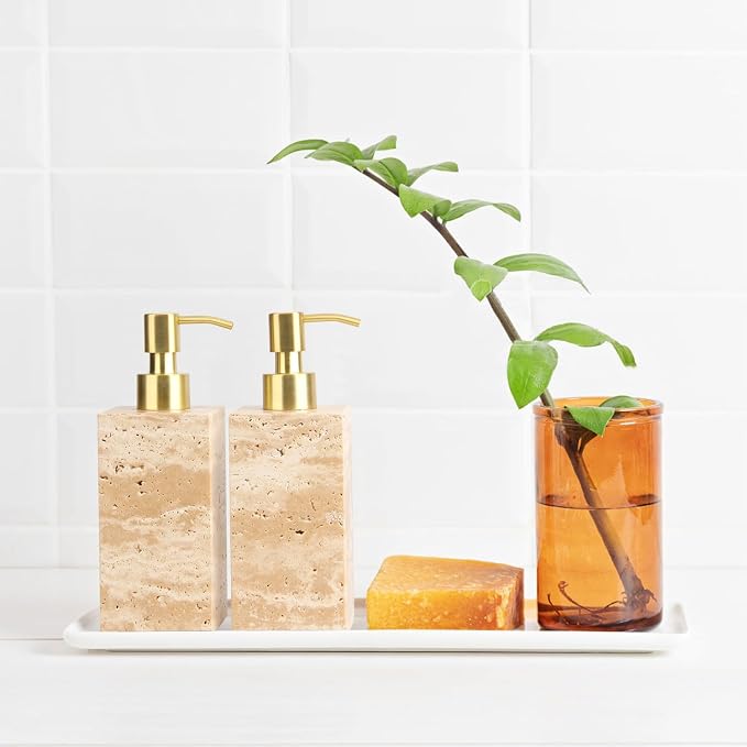 Natural Marble Soap Dispenser for Bathroom and Kitchen Countertop - 5.41 Ounces Hand Lotion and Liquid Stone Shampoo Laundry Bottle with Pump (1, Travertine, Rectangular Bottle)